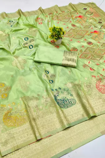 Pista zari woven paithani silk blend saree with blouse piece