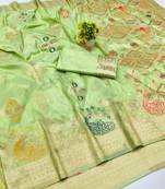 Pista zari woven paithani silk blend saree with blouse piece