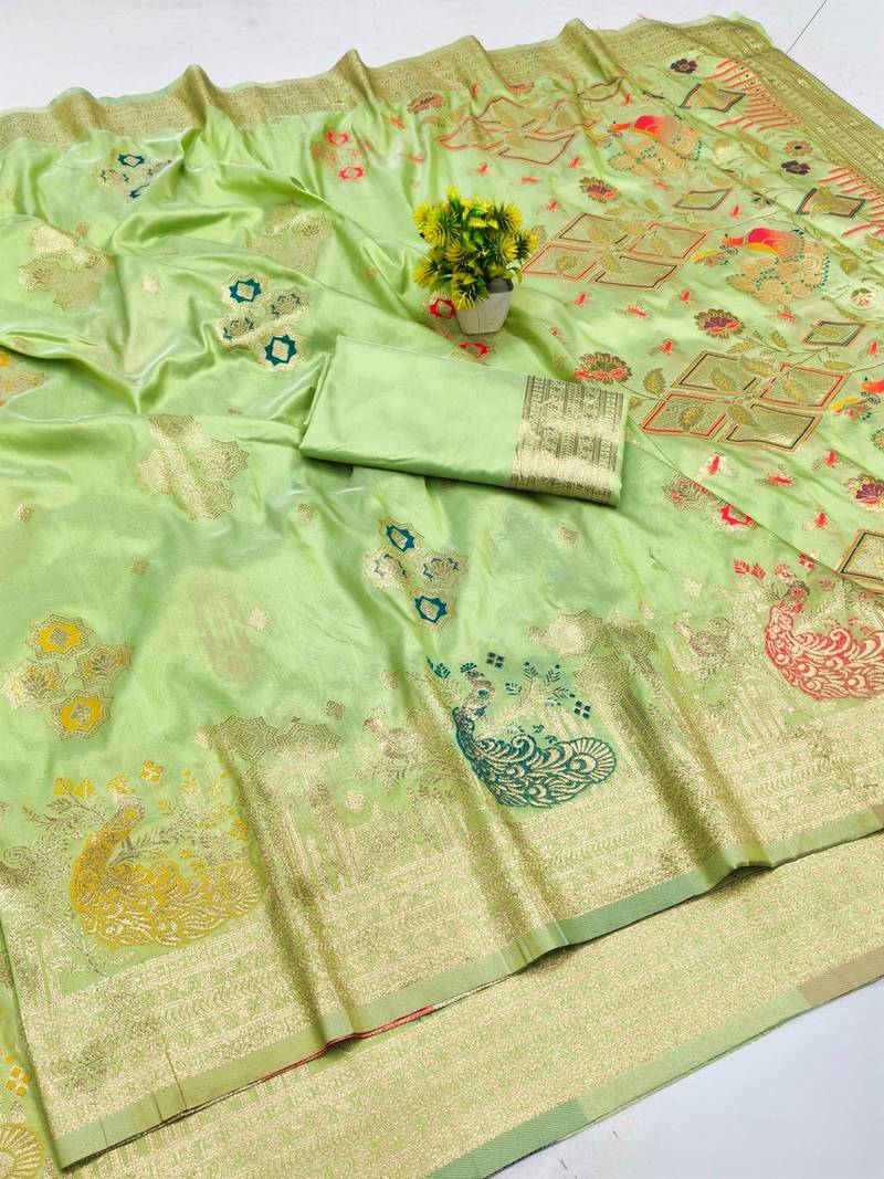 Pista zari woven paithani silk blend saree with blouse piece