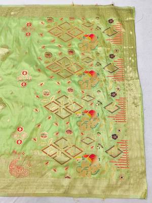 Pista zari woven paithani silk blend saree with blouse piece 2