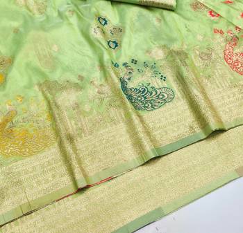 Pista zari woven paithani silk blend saree with blouse piece 3