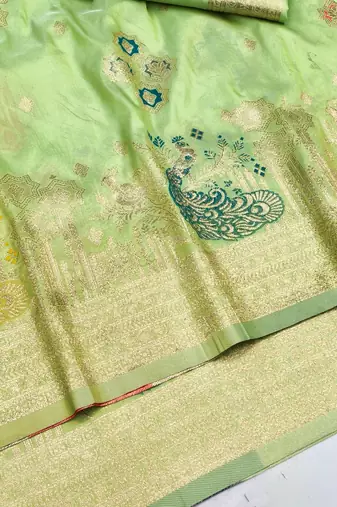 Pista zari woven paithani silk blend saree with blouse piece