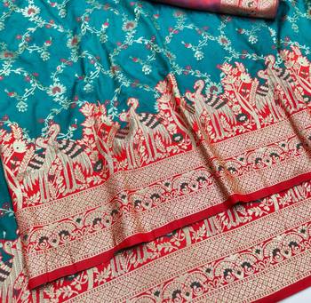Rama zari woven silk blend saree with blouse piece 3