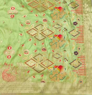 Pista zari woven paithani silk blend saree with blouse piece 5