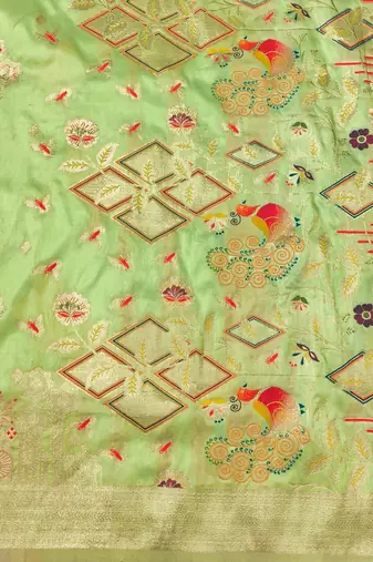 Pista zari woven paithani silk blend saree with blouse piece