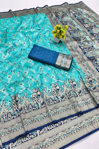 Light blue zari woven banarasi silk blend saree with blouse piece