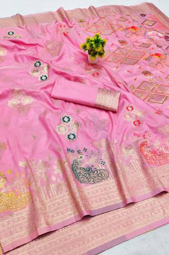 Pink zari woven paithani silk blend saree with blouse piece