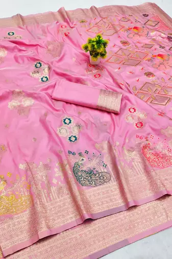 Pink zari woven paithani silk blend saree with blouse piece