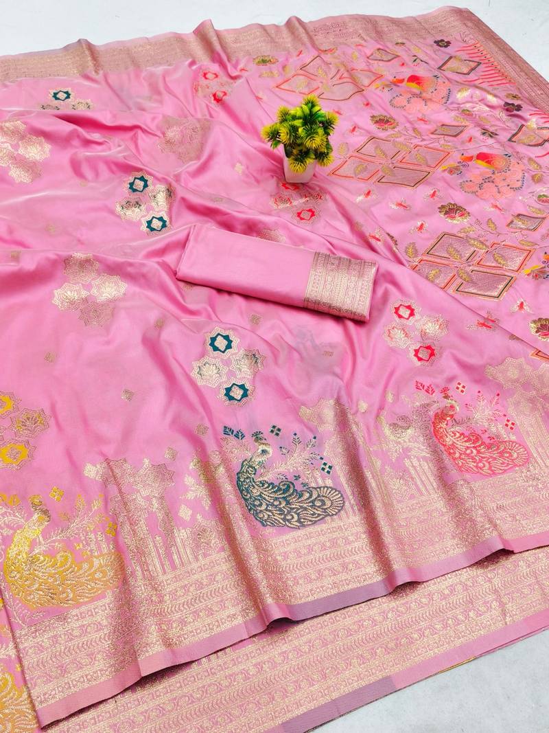 Pink zari woven paithani silk blend saree with blouse piece