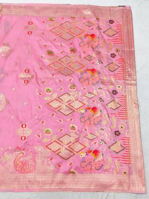 Pink zari woven paithani silk blend saree with blouse piece 2