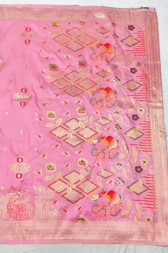 Pink zari woven paithani silk blend saree with blouse piece