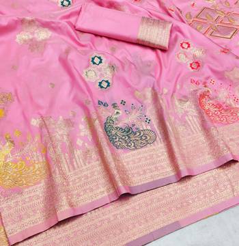 Pink zari woven paithani silk blend saree with blouse piece 3