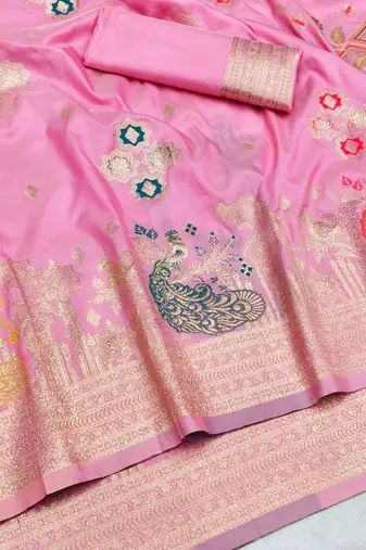 Pink zari woven paithani silk blend saree with blouse piece