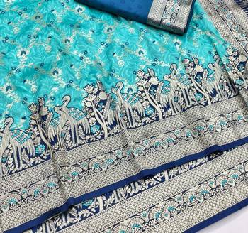 Light blue zari woven silk blend saree with blouse piece 3