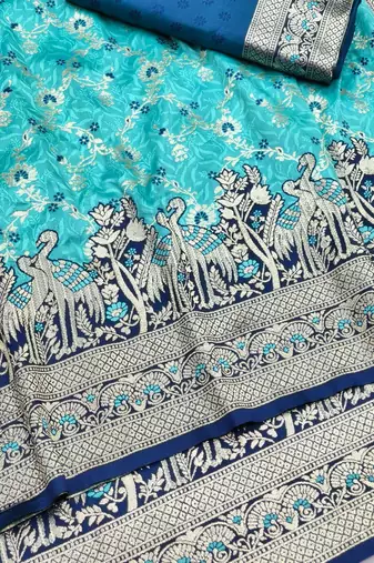 Light blue zari woven silk blend saree with blouse piece