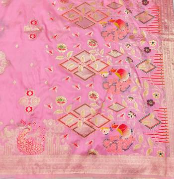 Pink zari woven paithani silk blend saree with blouse piece 5