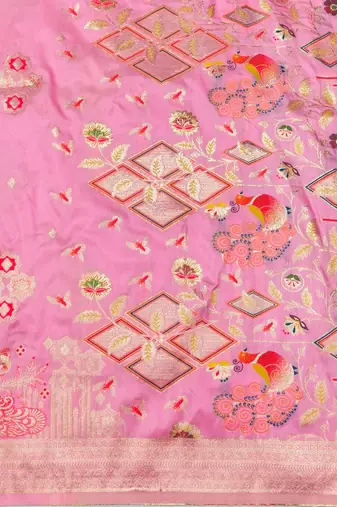 Pink zari woven paithani silk blend saree with blouse piece