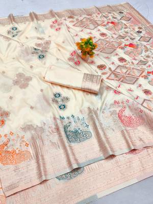 Cream zari woven paithani silk blend saree with blouse piece 1
