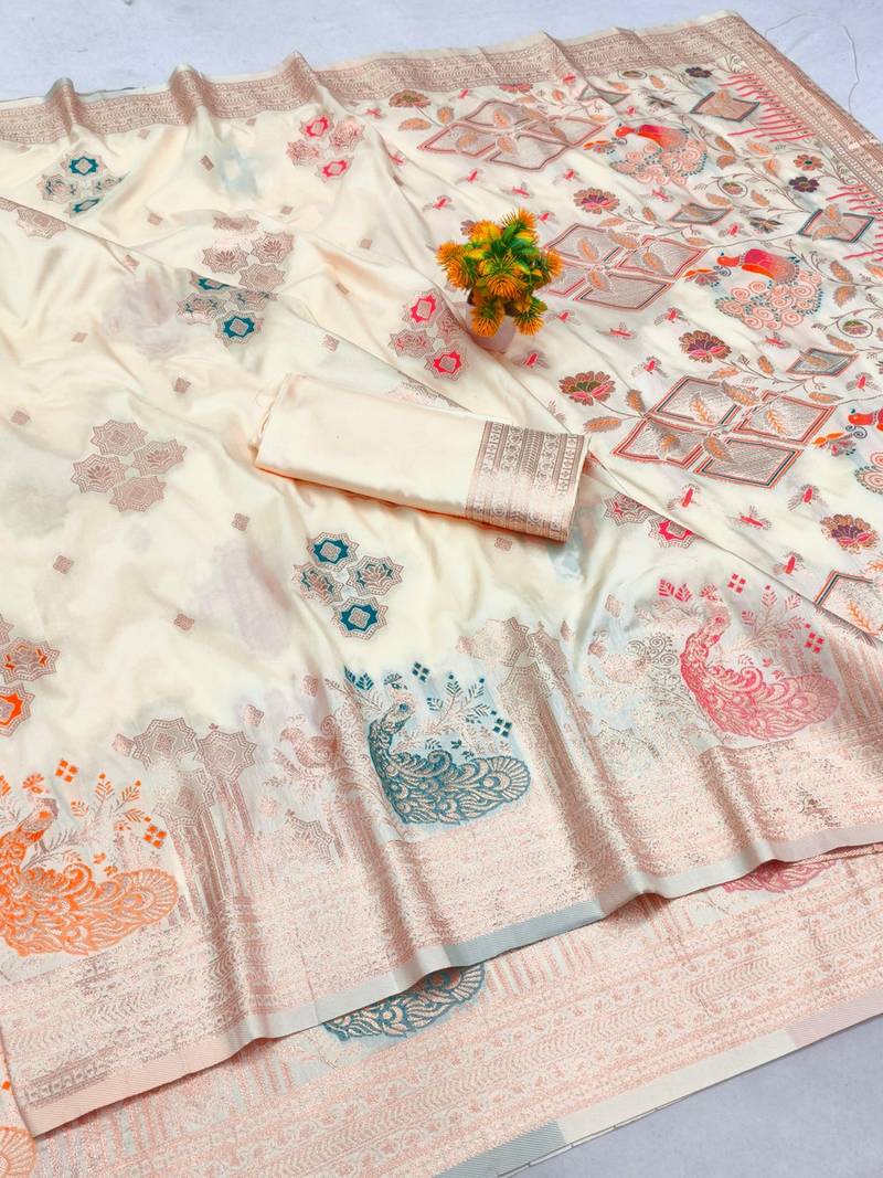Cream zari woven paithani silk blend saree with blouse piece