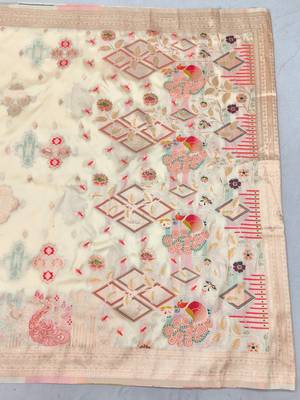 Cream zari woven paithani silk blend saree with blouse piece 2