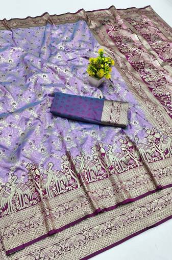 Light purple zari woven banarasi silk blend saree with blouse piece