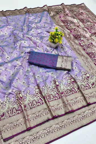 Light purple zari woven banarasi silk blend saree with blouse piece
