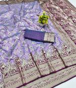 Light purple zari woven banarasi silk blend saree with blouse piece