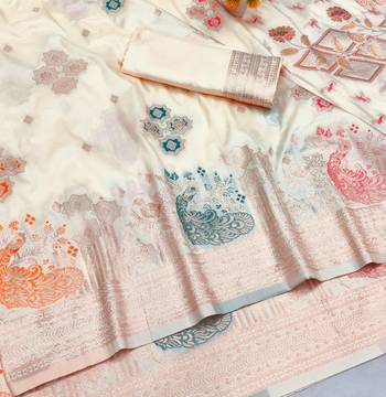 Cream zari woven paithani silk blend saree with blouse piece 3