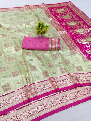 Light green zari woven silk blend saree with blouse piece 1