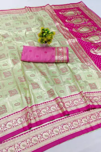 Light green zari woven banarasi silk blend saree with blouse piece
