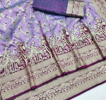 Light purple zari woven silk blend saree with blouse piece 3