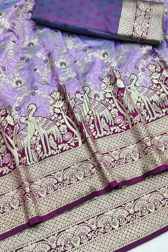 Light purple zari woven silk blend saree with blouse piece