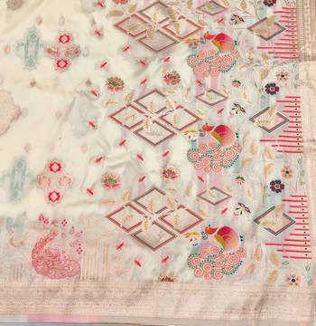 Cream zari woven paithani silk blend saree with blouse piece 5