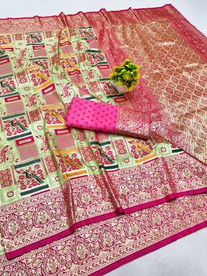 Light green zari woven patola silk blend saree with blouse piece 1