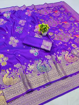 Purple zari woven paithani silk blend saree with blouse piece 1