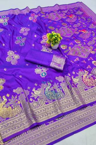 Purple zari woven paithani silk blend saree with blouse piece