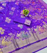 Purple zari woven paithani silk blend saree with blouse piece