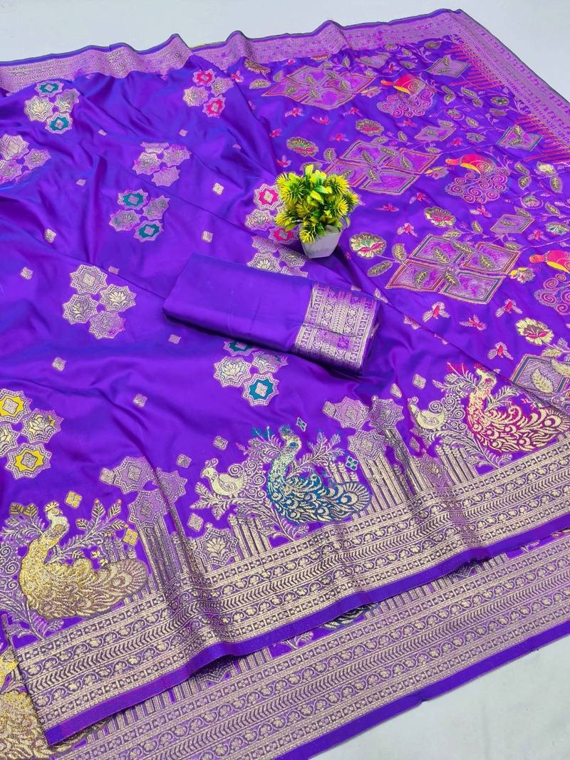 Purple zari woven paithani silk blend saree with blouse piece