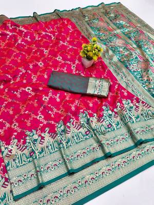 Rani pink zari woven silk blend saree with blouse piece 1