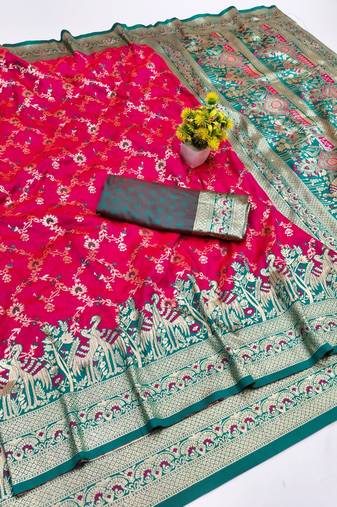 Rani pink zari woven banarasi silk blend saree with blouse piece