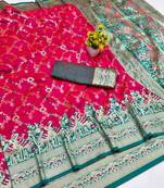 Rani pink zari woven banarasi silk blend saree with blouse piece
