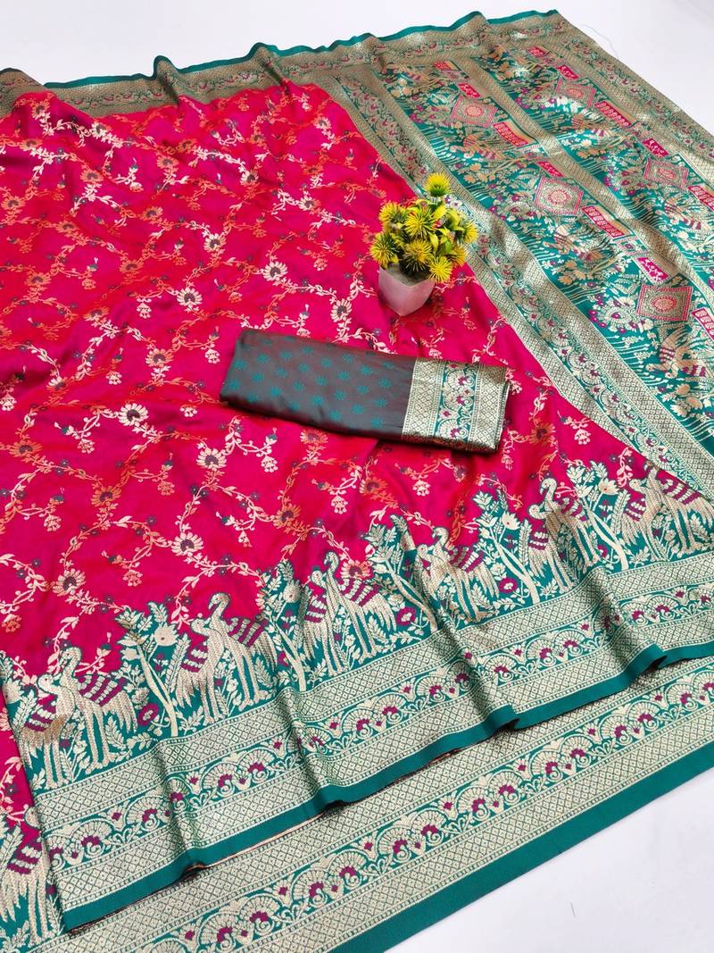 Rani pink zari woven banarasi silk blend saree with blouse piece