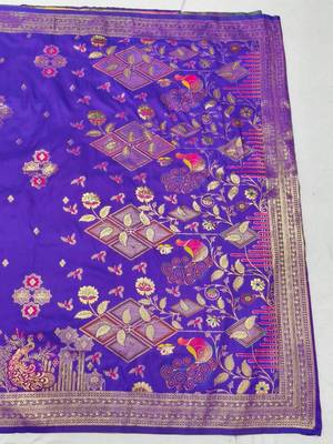 Purple zari woven paithani silk blend saree with blouse piece 2