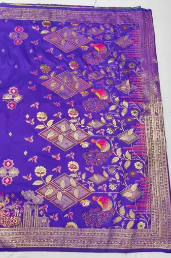 Purple zari woven paithani silk blend saree with blouse piece
