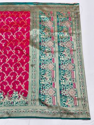 Rani pink zari woven silk blend saree with blouse piece 2