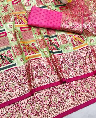 Light green zari woven patola silk blend saree with blouse piece 3