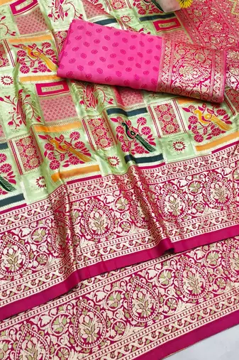 Light green zari woven patola silk blend saree with blouse piece