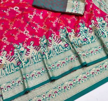 Rani pink zari woven silk blend saree with blouse piece 3
