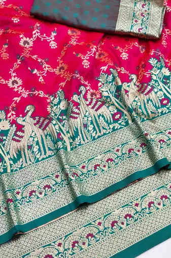 Rani pink zari woven silk blend saree with blouse piece