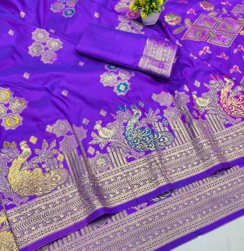 Purple zari woven paithani silk blend saree with blouse piece 3